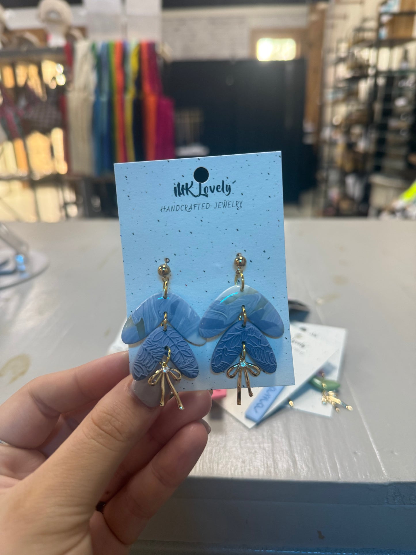 Marbled Blue Bow Drop Earrings
