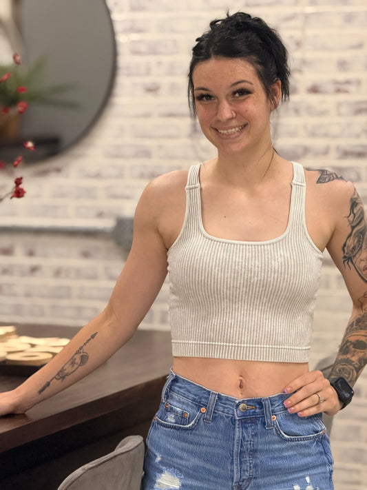 Washed Ribbed Square Neck Tank Top Padded