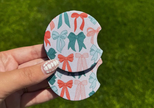 Car Coaster Set: Green & Red Bows