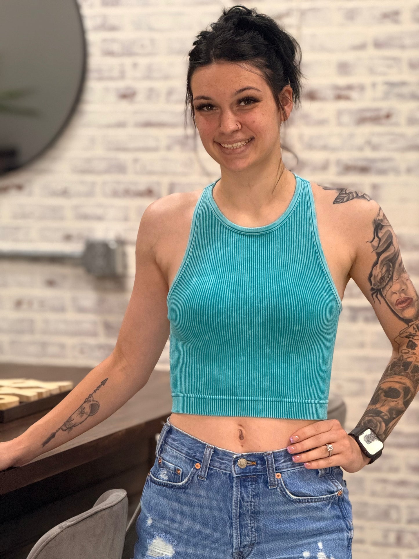 Washed Rib Seamless Halter Neck Crop Tank