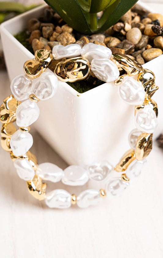 Double Date Pearl & Goldtone Bracelet Set