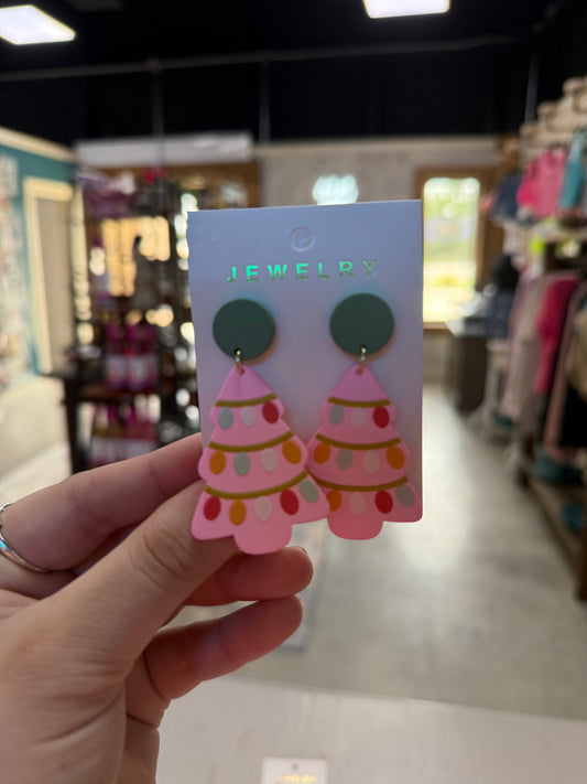 Pink Christmas Tree Earrings