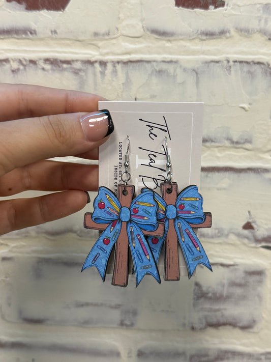 Teacher Cross Bow Wooden Earrings